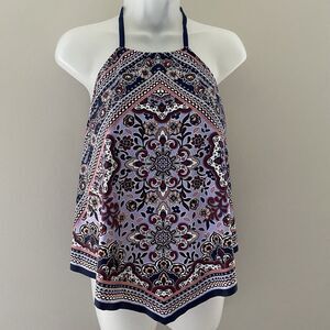 Kona Sol Floral Halter Tankini Swim Top Tie Back Purple Navy Pink L